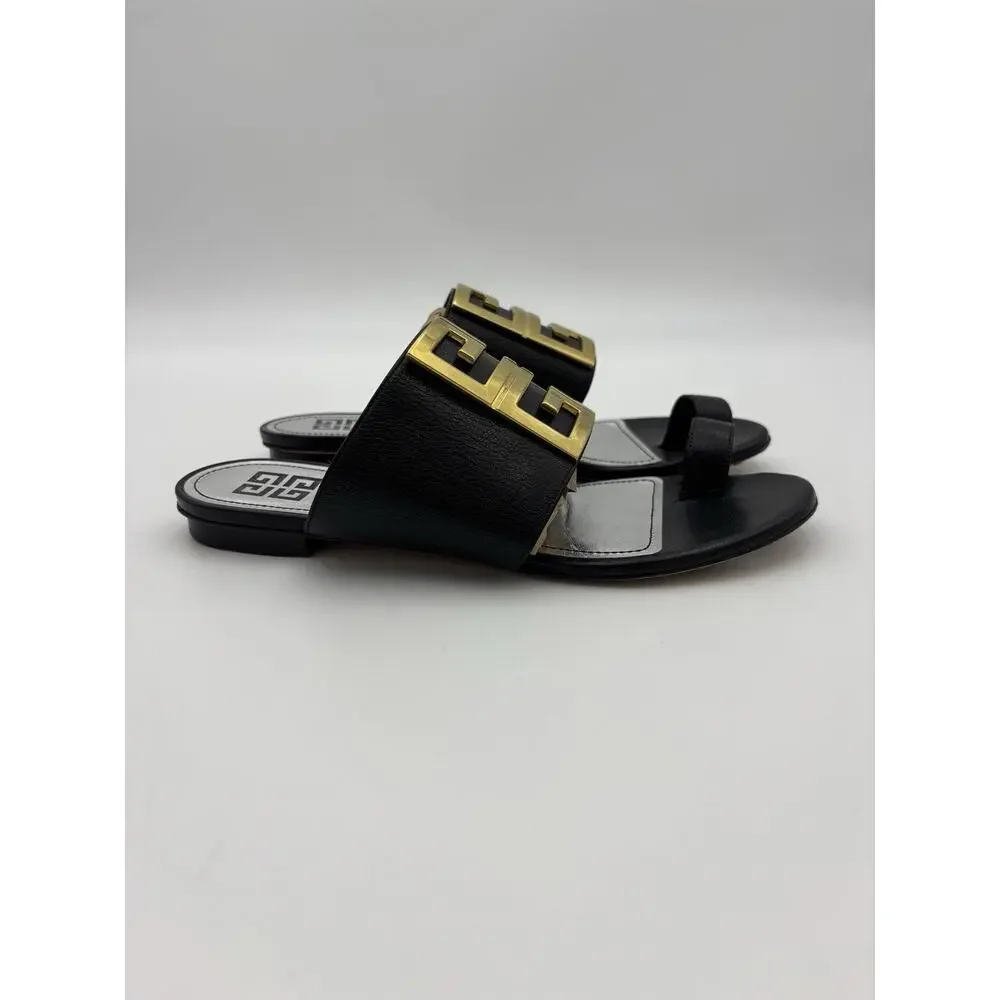 Authentic Givenchy Toe Ring Flat Sandal Black Leather Gold Logo Size 37.5 / 7 - Picture 5 of 12
